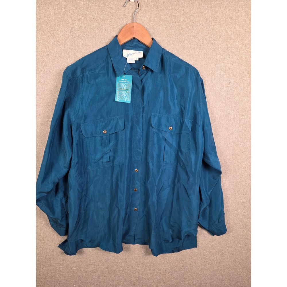 Eight Degree South Silk Button Down Shirt Teal Blue Suede Effect Blouse Womens M